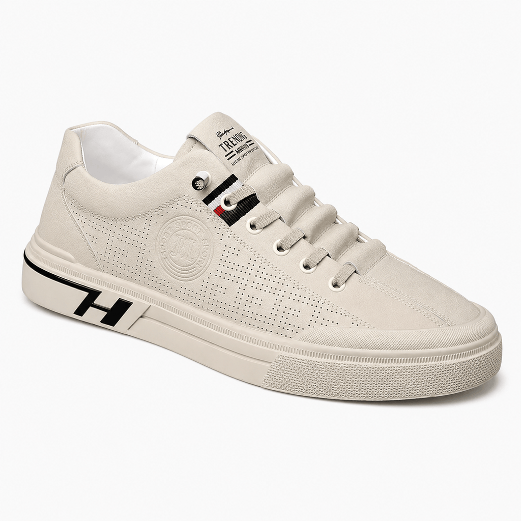 Podelya Baskets basses blanches homme à lacets en microfibre perforée