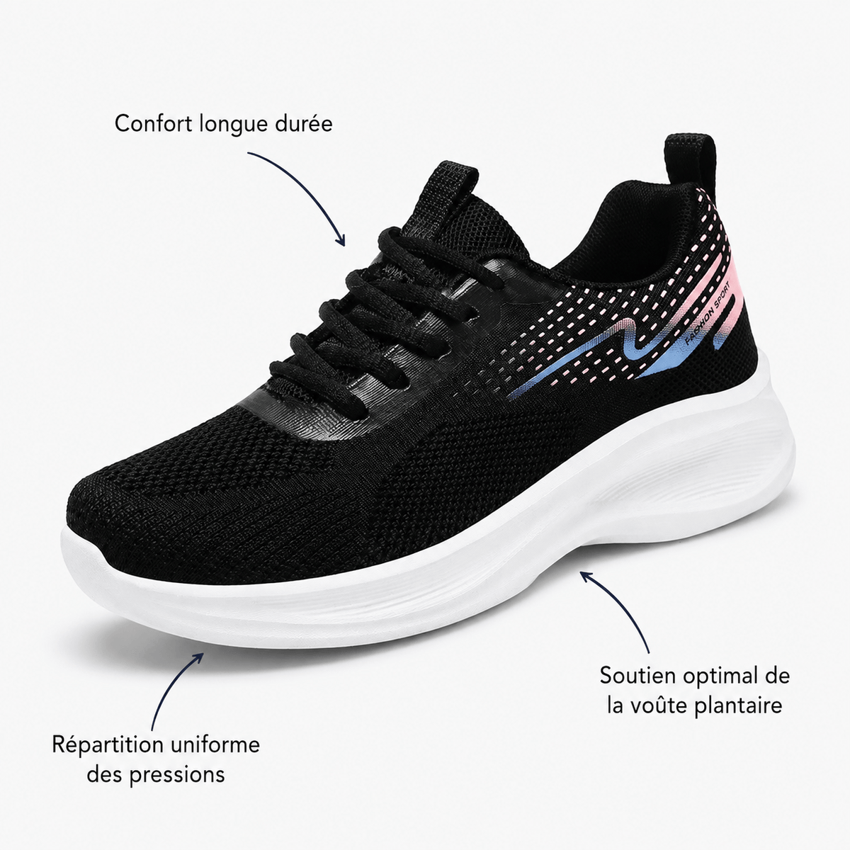 Podelya Baskets de running femme noires en maille respirante