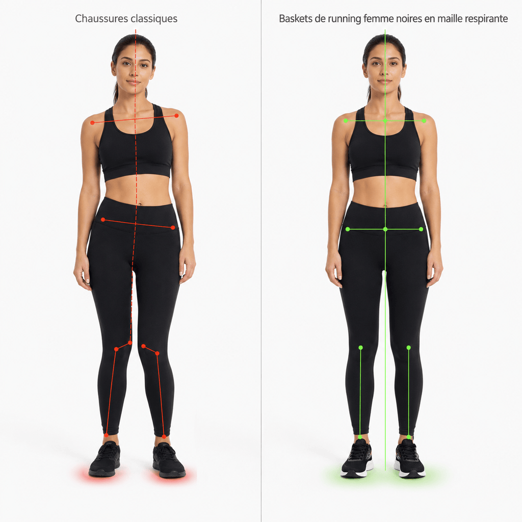 Podelya Baskets de running femme noires en maille respirante