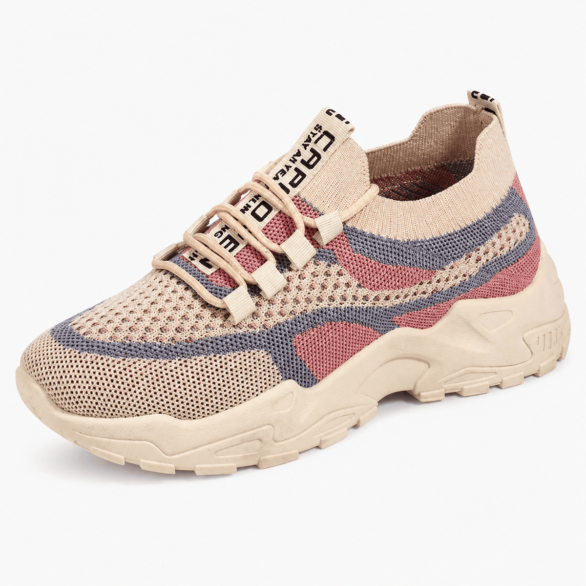 Podelya Baskets femme beige et rose en maille respirante à semelle épaisse