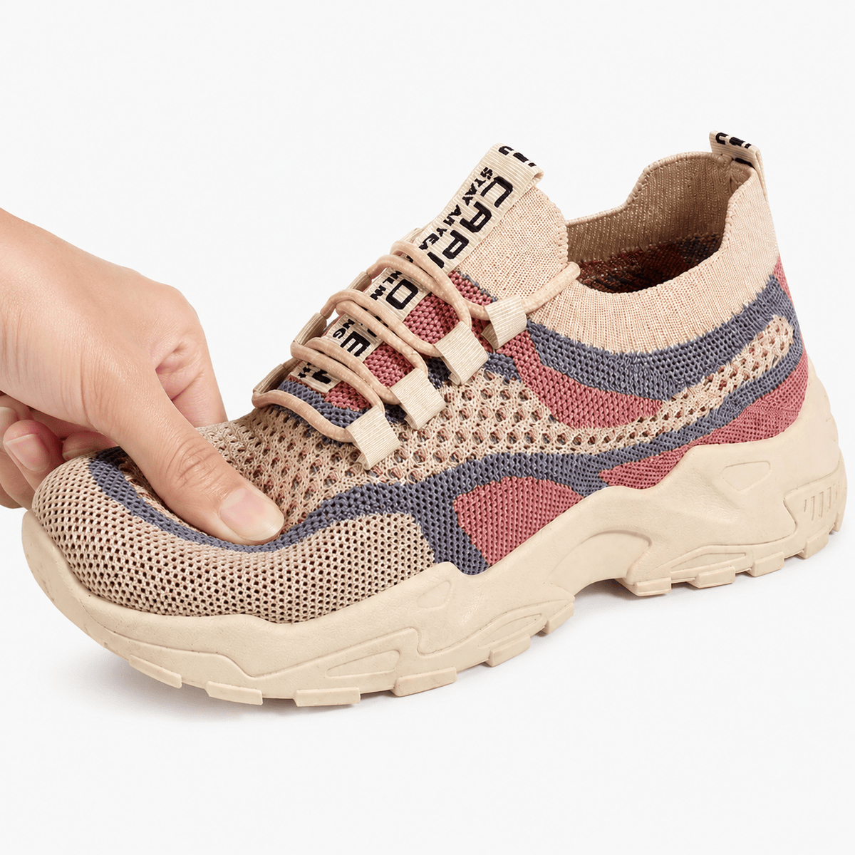 Podelya Baskets femme beige et rose en maille respirante à semelle épaisse
