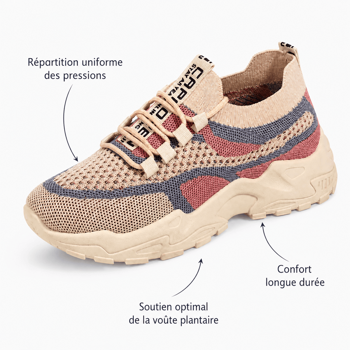 Podelya Baskets femme beige et rose en maille respirante à semelle épaisse