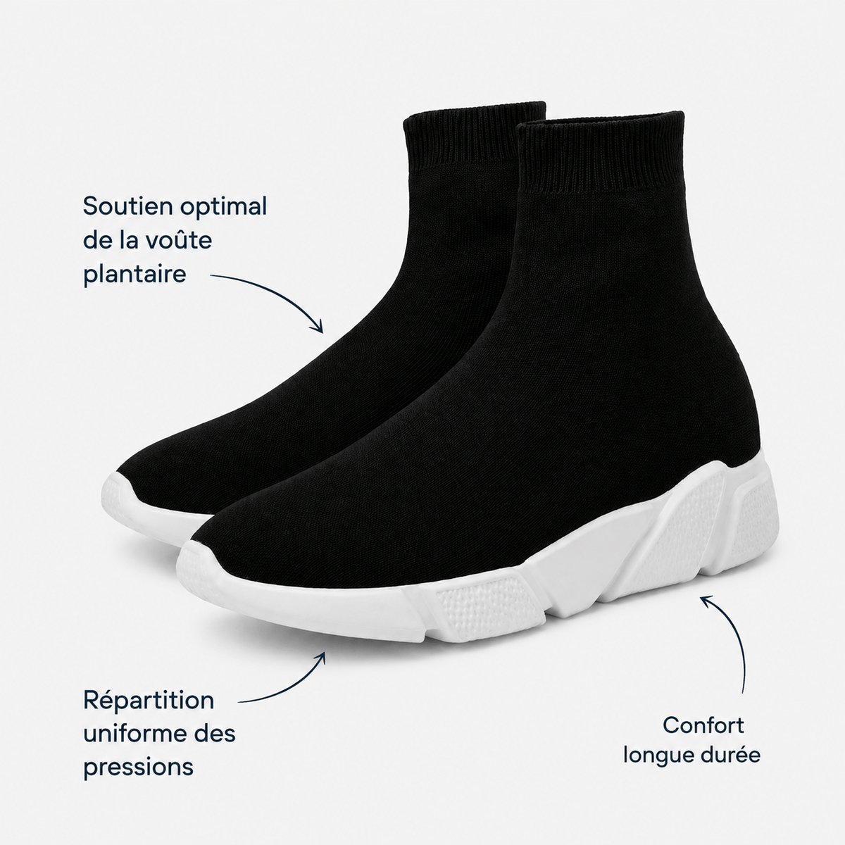 Podelya Baskets montantes noires type chaussette à enfiler, semelle plateforme