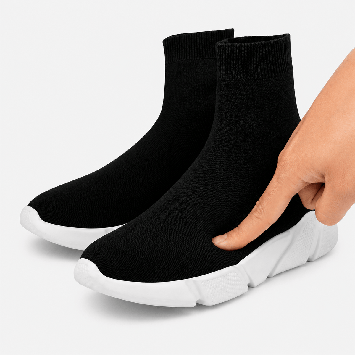 Podelya Baskets montantes noires type chaussette à enfiler, semelle plateforme