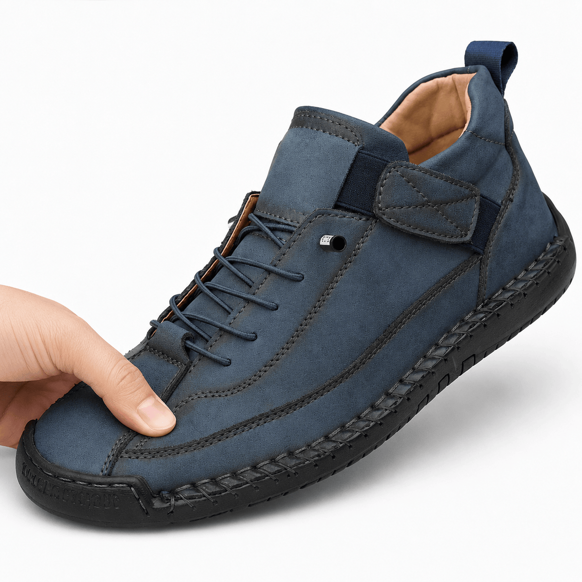 Podelya Chaussures montantes orthopédiques homme bleues en similicuir à bride auto-agrippante