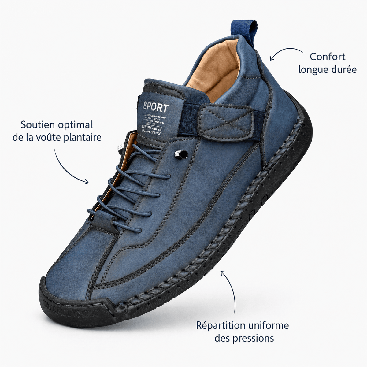 Podelya Chaussures montantes orthopédiques homme bleues en similicuir à bride auto-agrippante