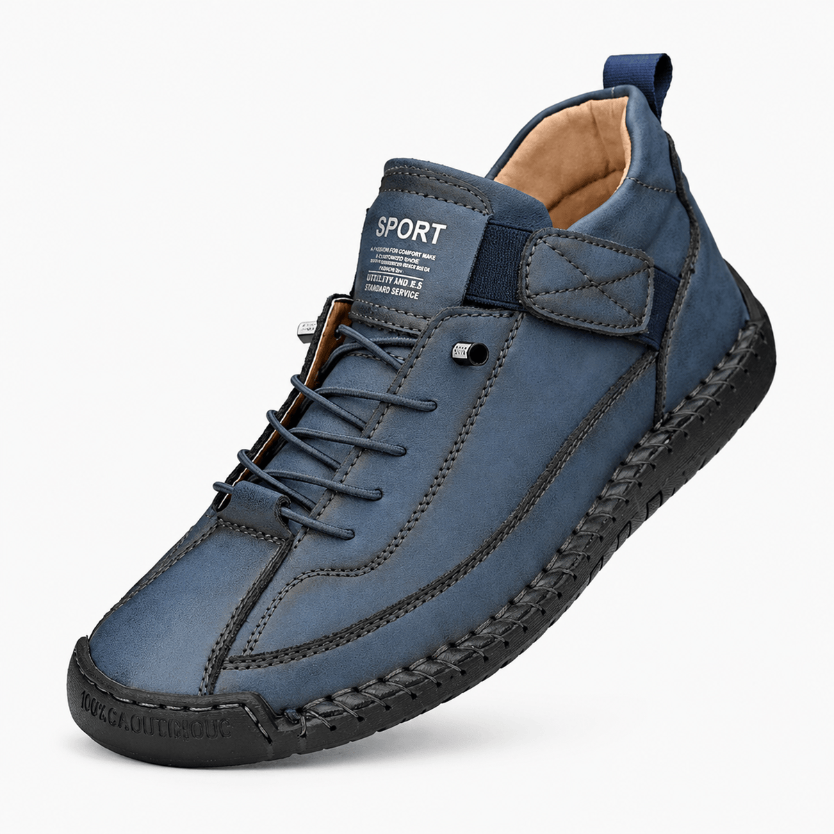 Podelya Chaussures montantes orthopédiques homme bleues en similicuir à bride auto-agrippante