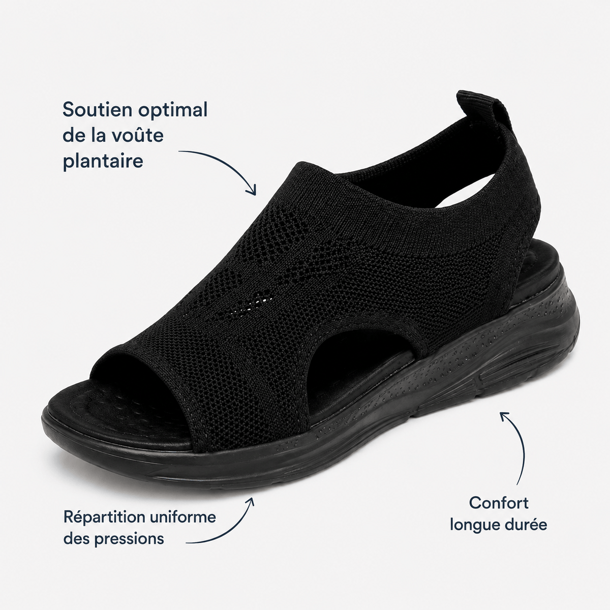 Podelya Sandales de sport noires femme en maille à semelle épaisse